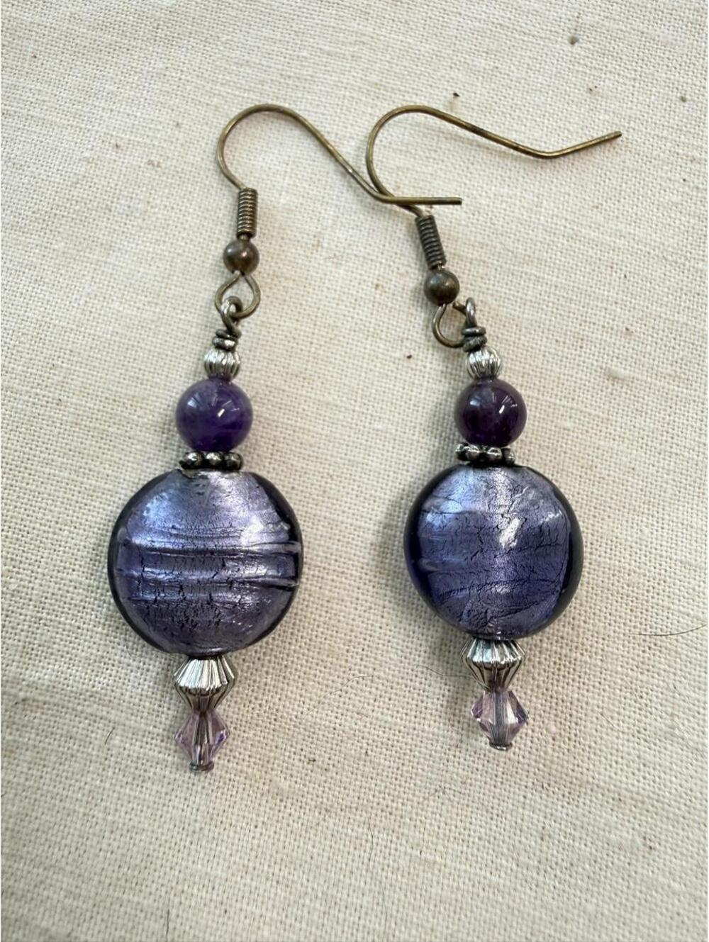 Handcrafted Purple Dichroic Glass Beaded Dangle Earrings